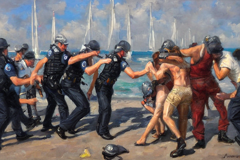 3734177572 Granite Sculptures Of Police Officers Arresting A Corporate Banker Seaside Backdrop Oil Painting By Johan Grenier Realistic 11